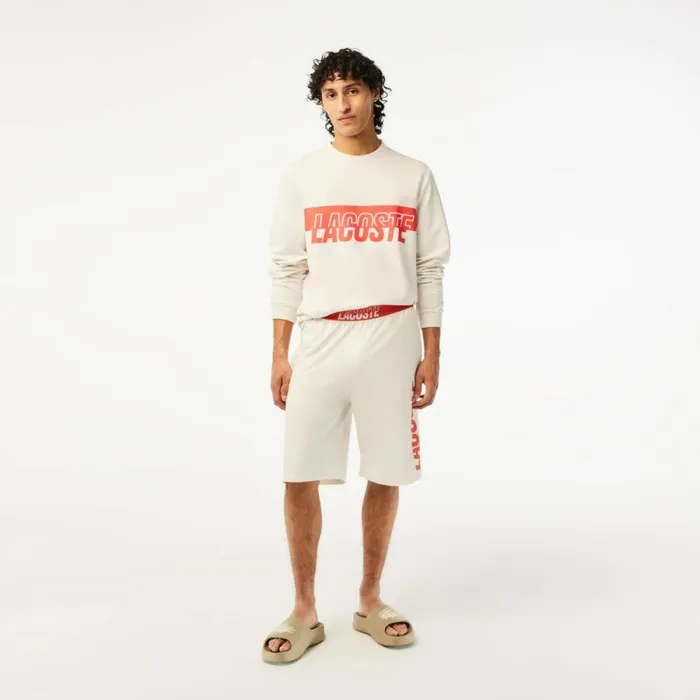 Loungewear and Pajamas Men Lacoste Mens Contrast Logo Print Fleece Sweatshirt Beige 3c7