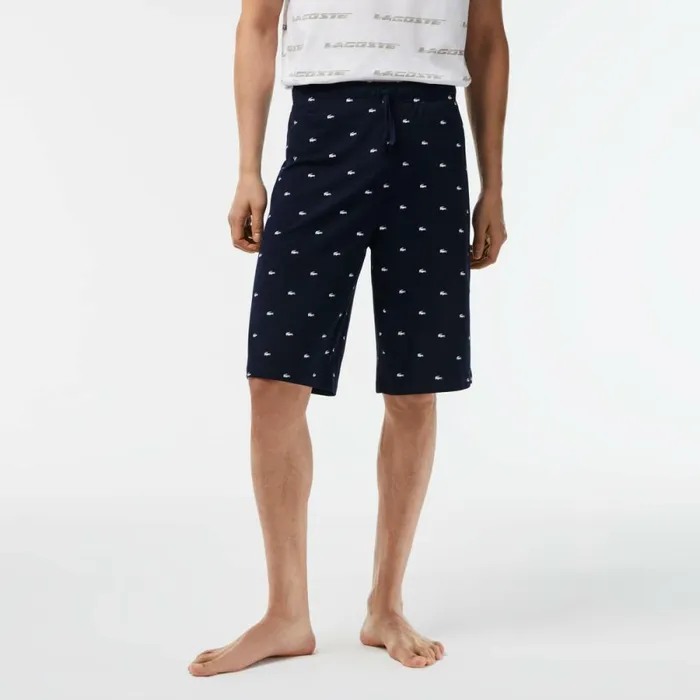 Loungewear and Pajamas Men Lacoste Mens Crocodile Print Cotton Jersey Pajama Shorts Navy Blue White 525