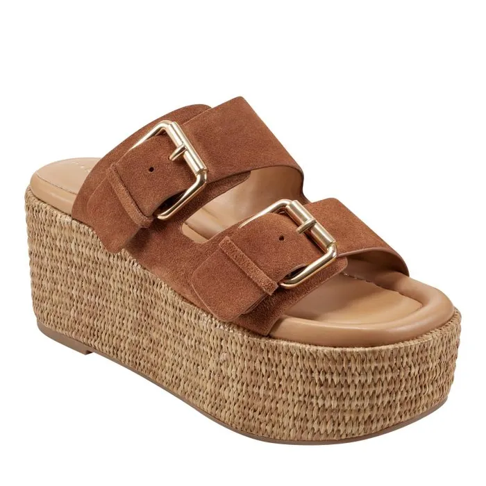 Marc Fisher Sandals Women Palery Platform Buckle Slide Sandal Brown Leather