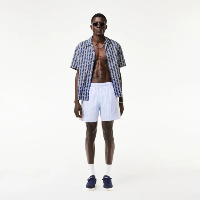 Matching Sets Men Lacoste Men039s Monogram Print Swim Trunks Light Blue White Wb5