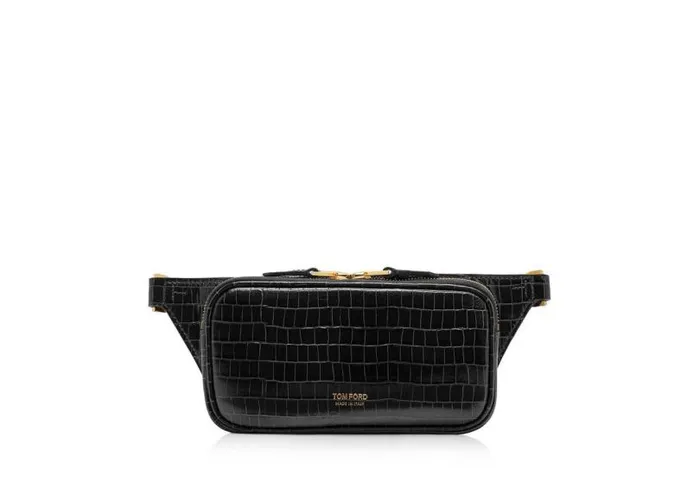 Men Belt Bags Tom Ford Glossy Printed Croc Small Zip Belt Bag Black