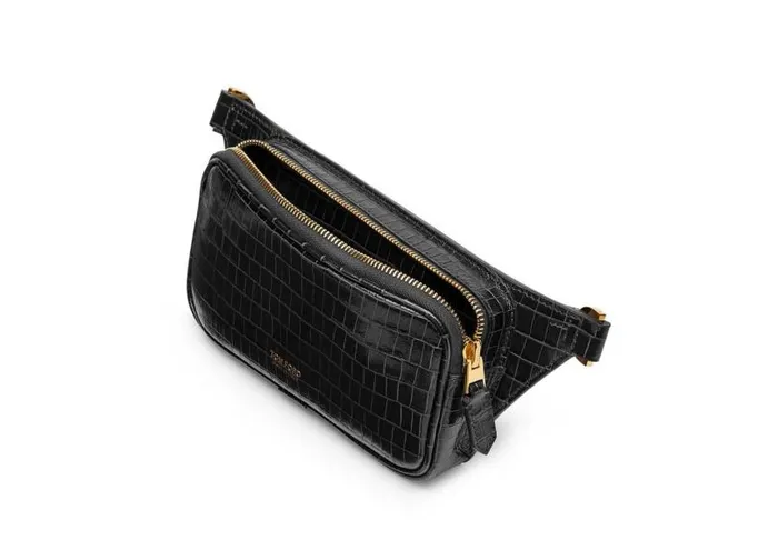 Men Belt Bags Tom Ford Glossy Printed Croc Small Zip Belt Bag Black Men Belt Bags Tom Ford Glossy Printed Croc Small Zip Belt Bag Black