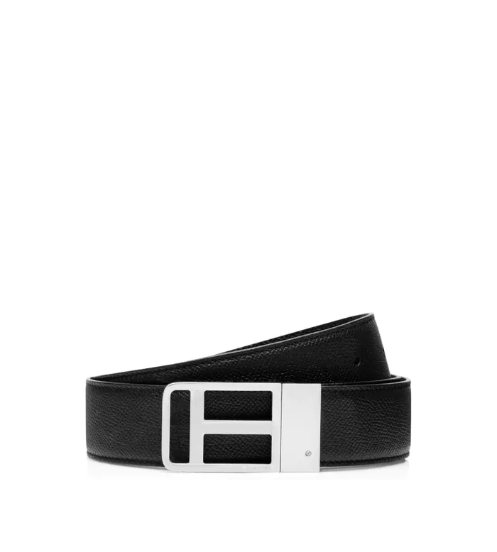 Men Belts Tom Ford Small Grain Leather Framed T Belt Dark Navy Black