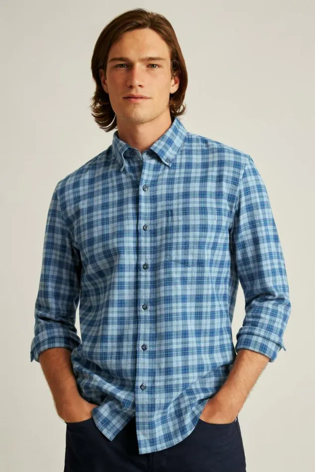 Men Everyday Lightweight Flannel Shirt Heather Blue Heywood Plaid Bonobos Overshirts