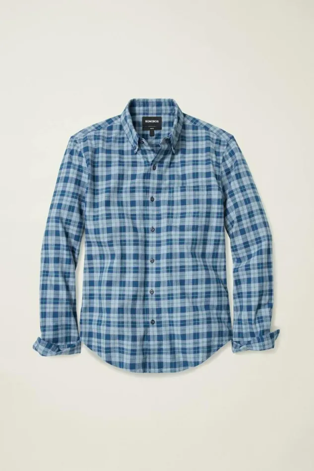 Men Everyday Lightweight Flannel Shirt Heather Blue Heywood Plaid Bonobos Overshirts
