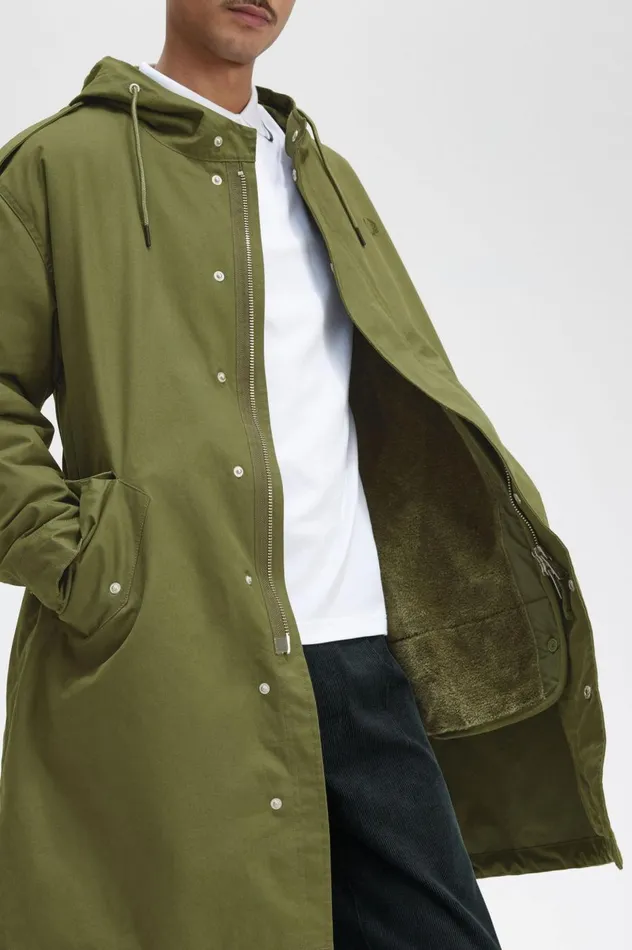 Men Faux Fur Lined Parka Parka Green Fred Perry Coats and Jackets