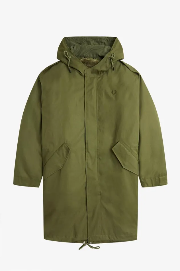 Men Faux Fur Lined Parka Parka Green Fred Perry Coats and Jackets