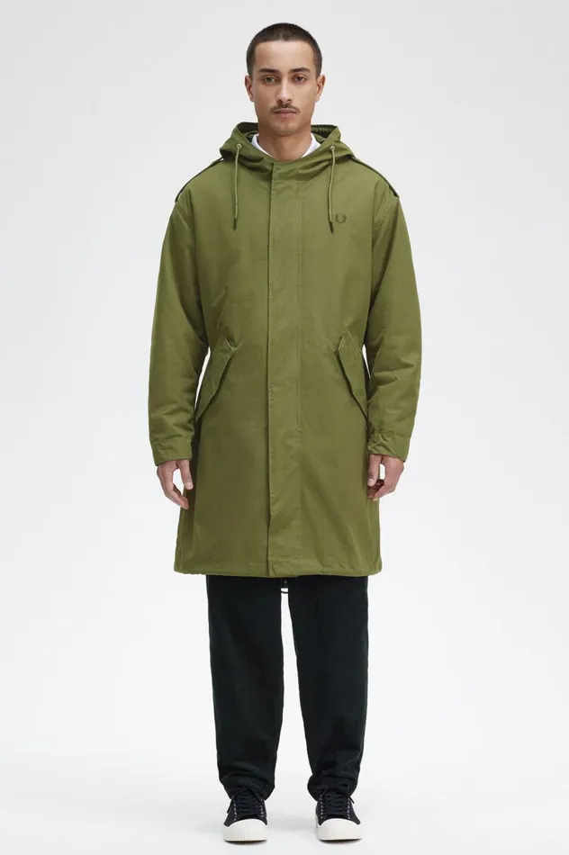 Men Faux Fur Lined Parka Parka Green Fred Perry Coats and Jackets