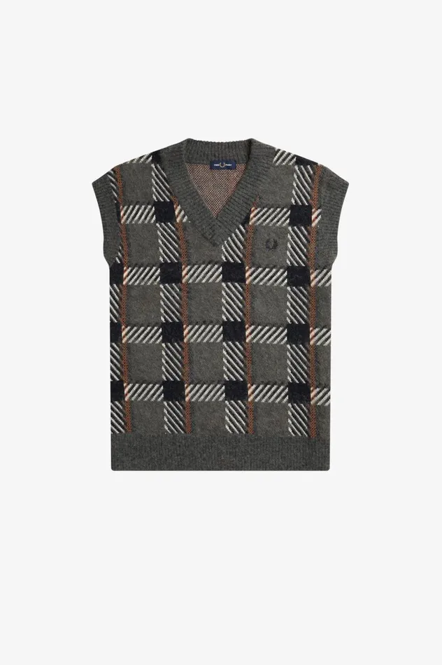 Men Glitch Tartan Knitted Tank Field Green Fred Perry Knitwear