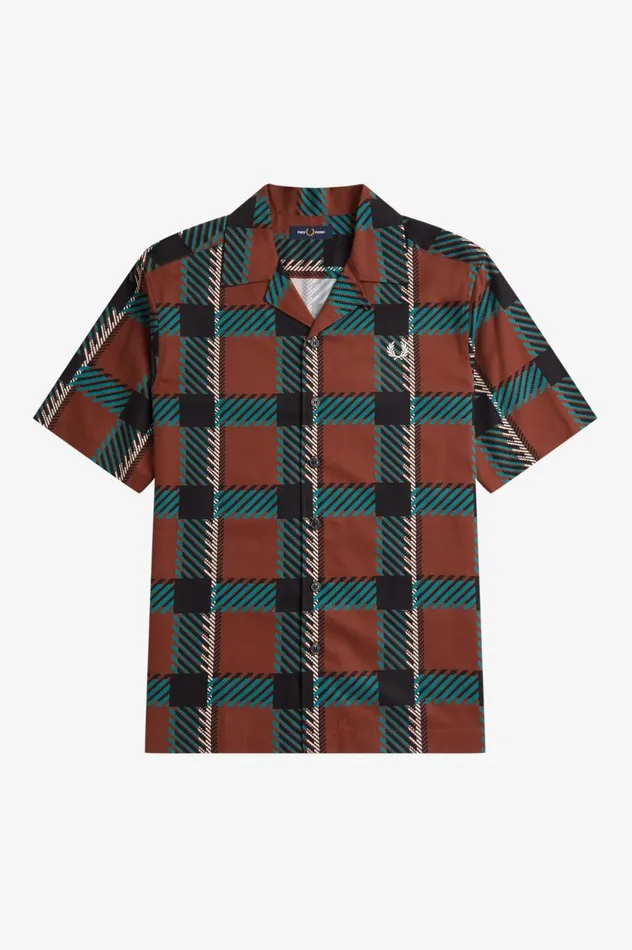 Men Glitch Tartan Revere Collar Shirt Whisky Brown Fred Perry Shirts