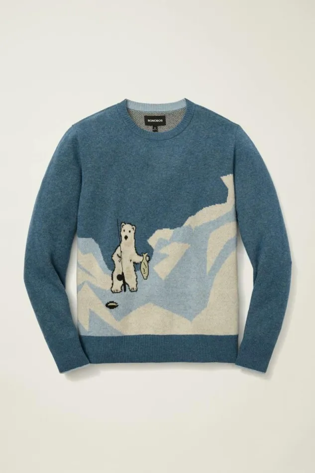 Men Gone Fishing Sweater Artic Blue Bonobos Crew and VNeck Sweaters
