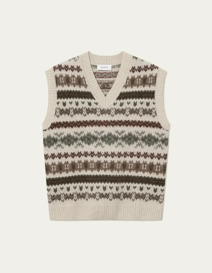 Men Hordur Fair Isle Slipover 8211 Light Desert SandCoffee Brown Les Deux Knitwear