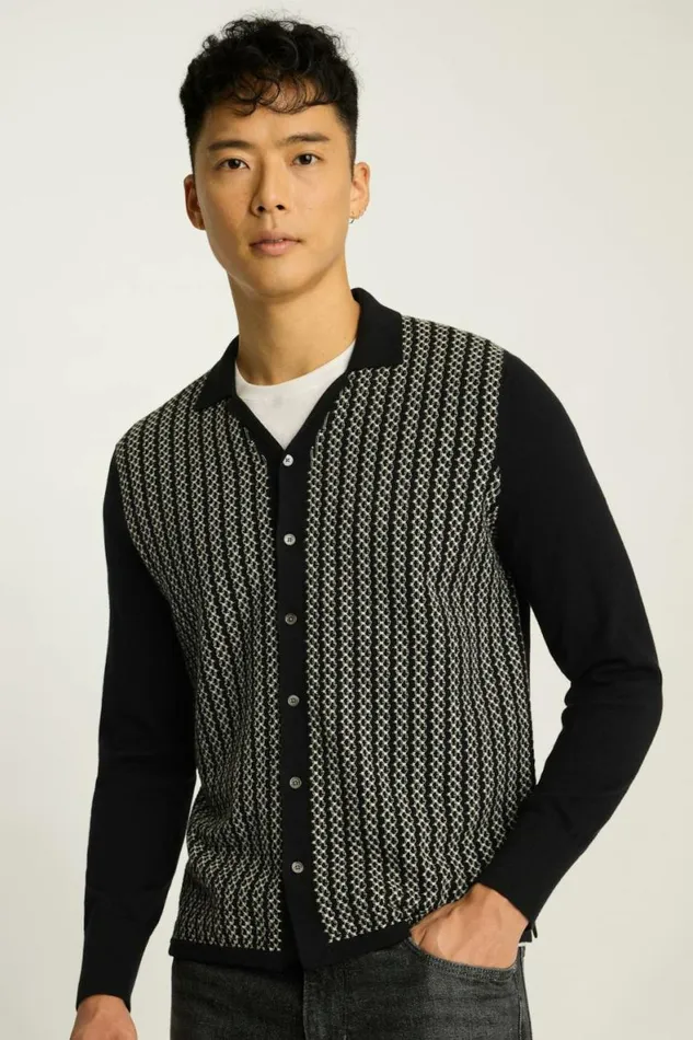 Men Hudson Long Sleeve Sweater Polo Black Cotton Cashmere Bonobos Cardigans