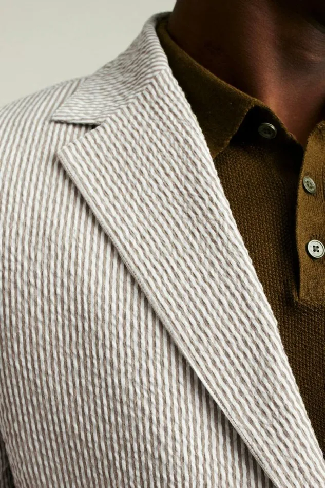 Men Jetsetter Italian Seersucker Blazer Khaki And White Stripe Bonobos Blazers and Sport Coats