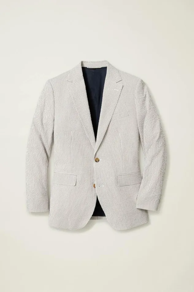 Men Jetsetter Italian Seersucker Blazer Khaki And White Stripe Bonobos Blazers and Sport Coats