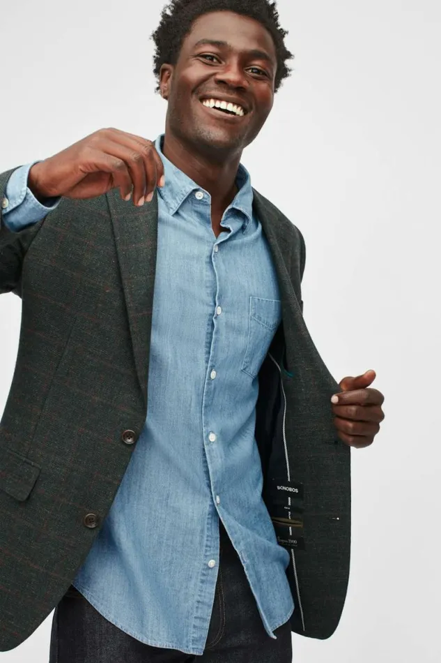 Men Jetsetter Stretch Italian Wool Blazer Teal Windowpane Bonobos Blazers and Sport Coats