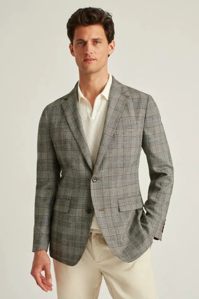 Men Jetsetter Unconstructed Italian Wool Blazer Grey Brown Glen Plaid Bonobos Blazers and Sport Coats