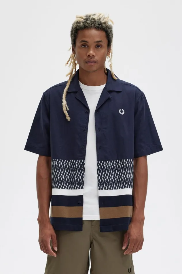 Men Knitted Panel Revere Collar Shirt Navy Fred Perry Shirts
