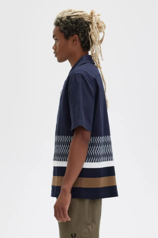 Men Knitted Panel Revere Collar Shirt Navy Fred Perry Shirts