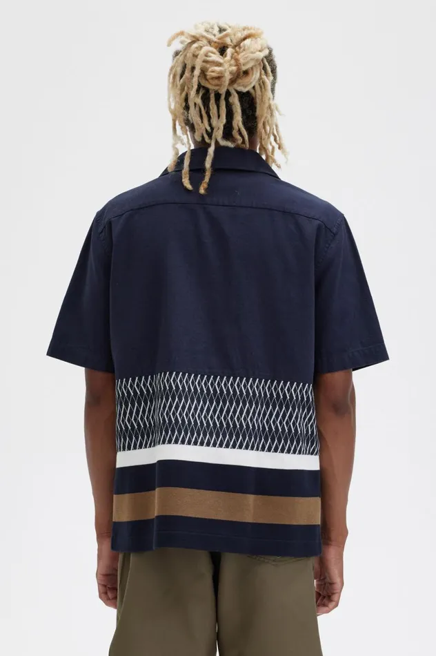 Men Knitted Panel Revere Collar Shirt Navy Fred Perry Shirts