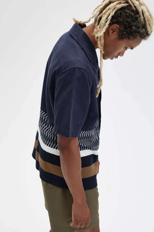 Men Knitted Panel Revere Collar Shirt Navy Fred Perry Shirts