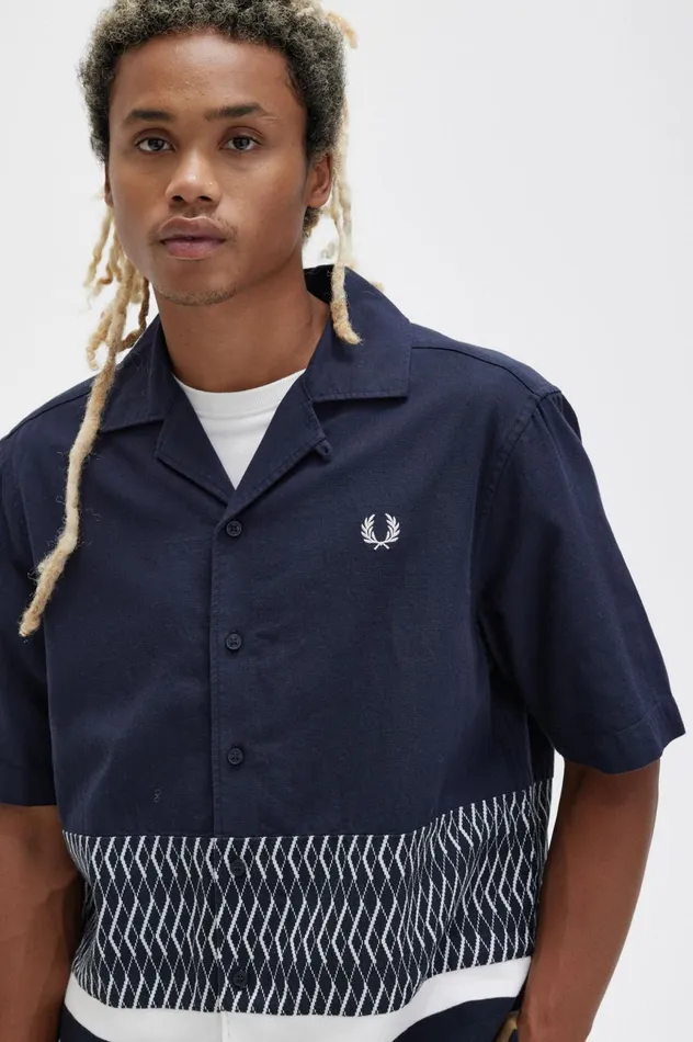 Men Knitted Panel Revere Collar Shirt Navy Fred Perry Shirts