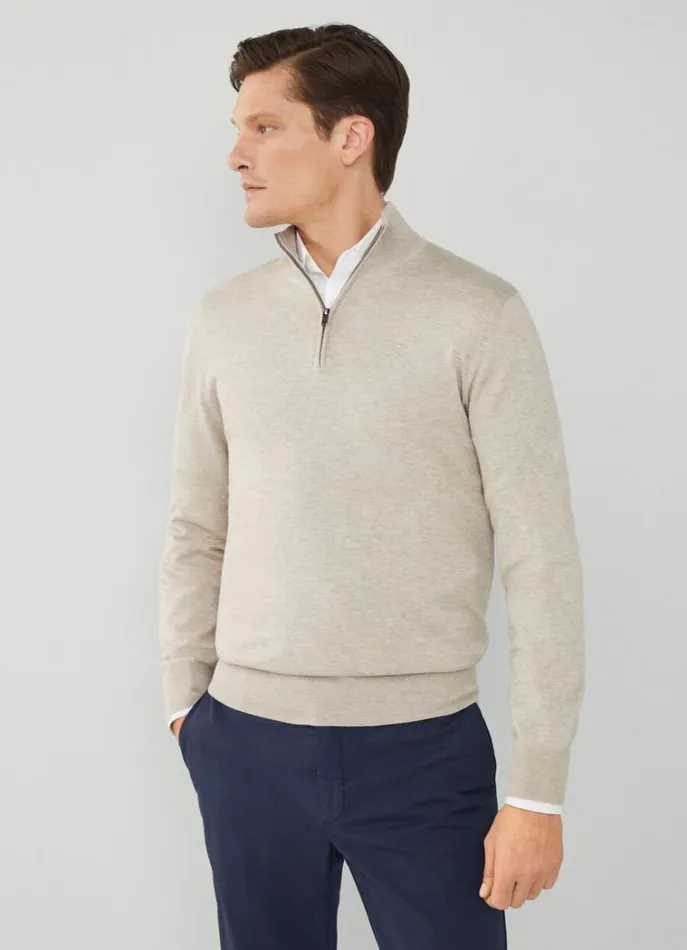 Men Knitwear Hackett London High Neck HalfZip Jumper Taupe Beige