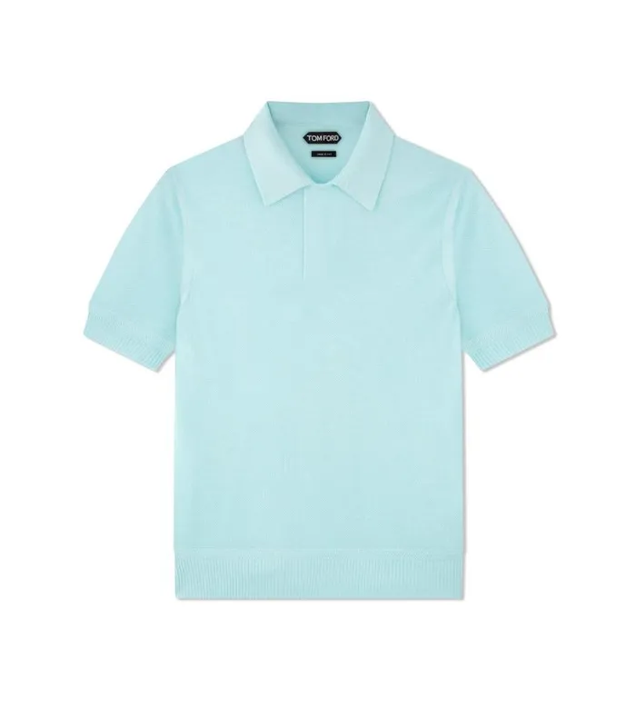 Men Knitwear Tom Ford Viscose Silk Micro Texture Polo Celeste Blue