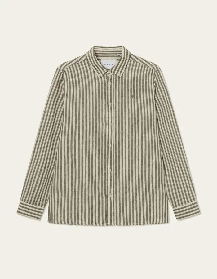 Men Kristian Linen BD Shirt 8211 Olive NightIvory Les Deux ShirtsOvershirts