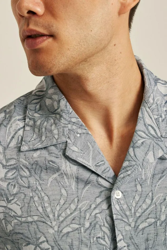 Men Limited Edition Riviera Cabana Shirt Blue Chambray Floral Sketch Bonobos Short Sleeve Shirts