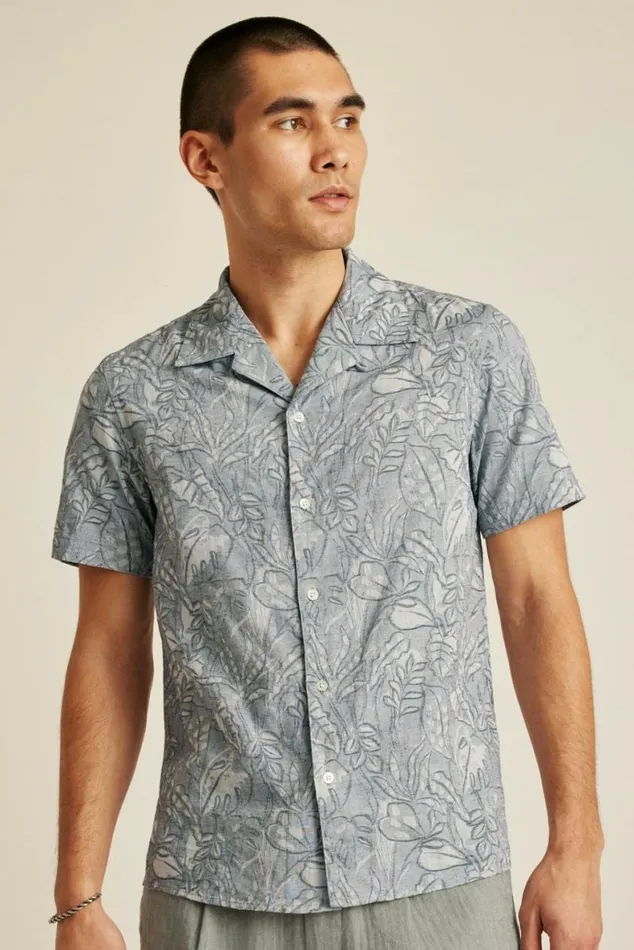 Men Limited Edition Riviera Cabana Shirt Blue Chambray Floral Sketch Bonobos Short Sleeve Shirts