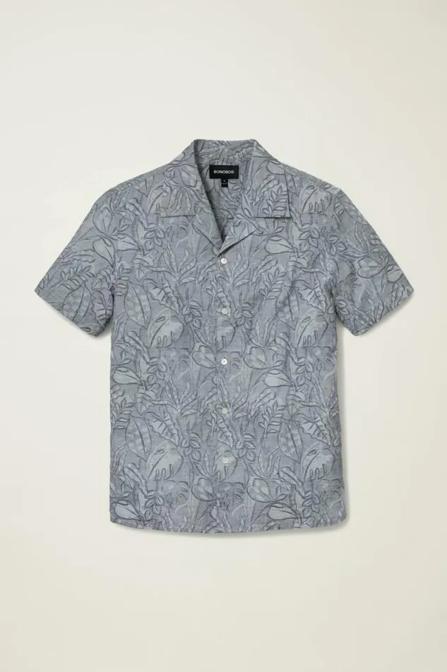 Men Limited Edition Riviera Cabana Shirt Blue Chambray Floral Sketch Bonobos Short Sleeve Shirts