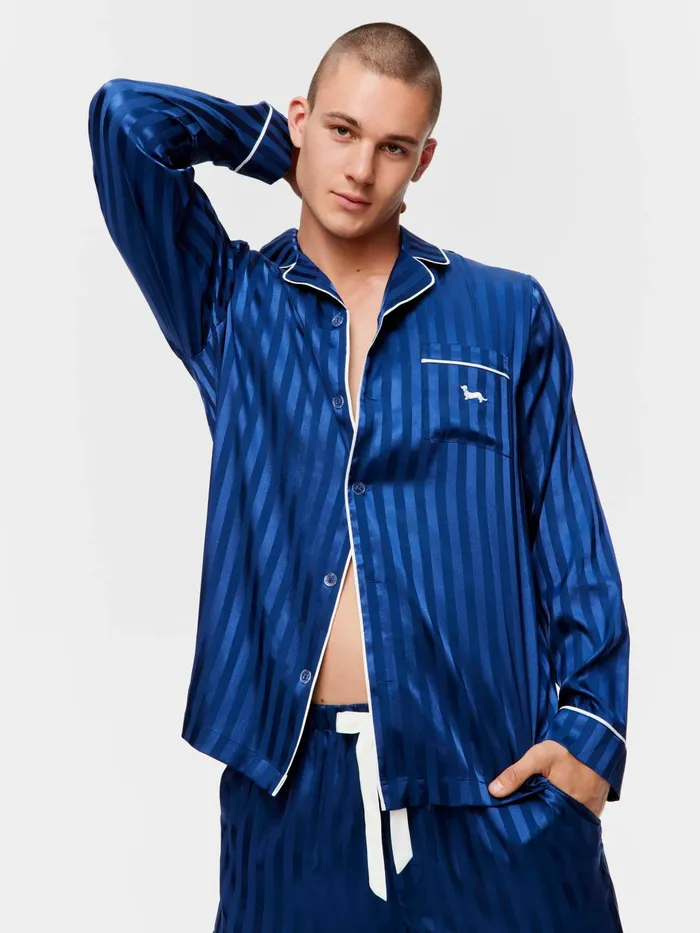 Men Navy Self Stripe Long Sleeve Satin Set Navy Stripe Peter Alexander Satin