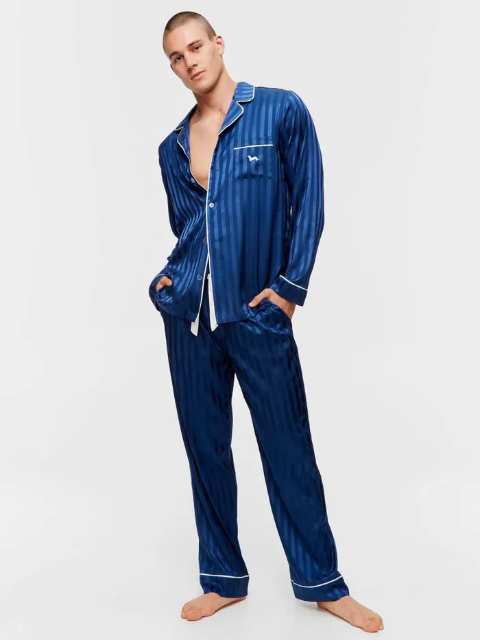 Men Navy Self Stripe Long Sleeve Satin Set Navy Stripe Peter Alexander Satin