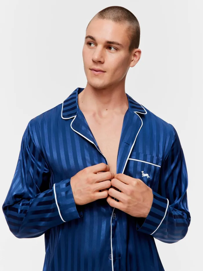 Men Navy Self Stripe Long Sleeve Satin Set Navy Stripe Peter Alexander Satin