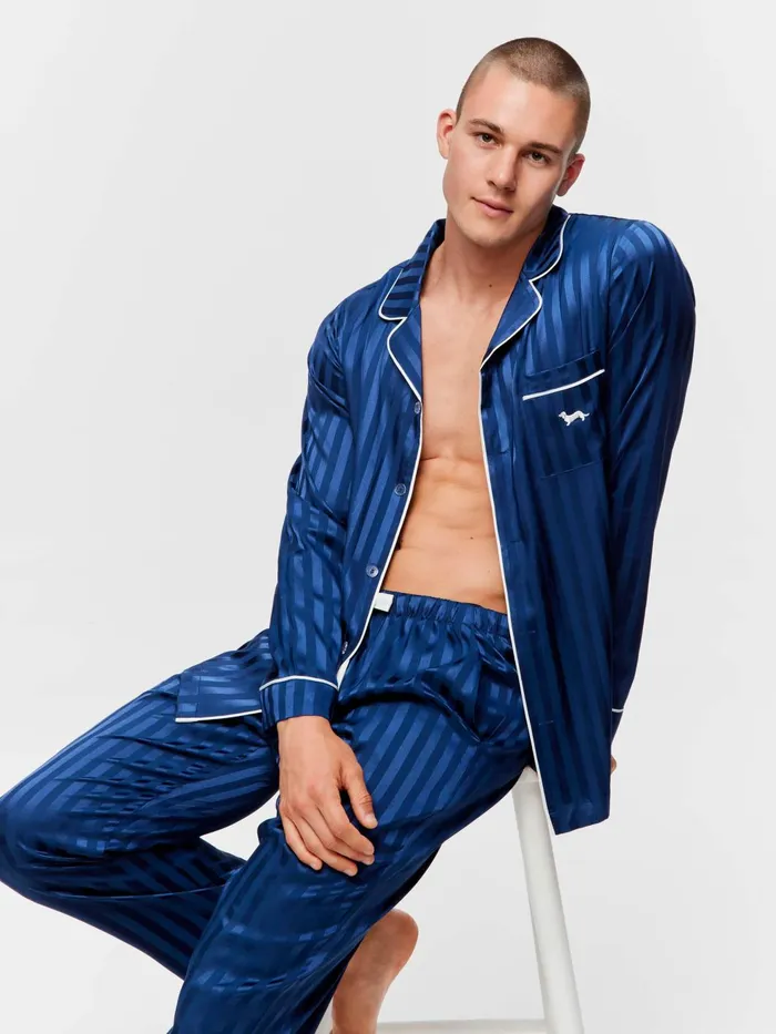 Men Navy Self Stripe Long Sleeve Satin Set Navy Stripe Peter Alexander Satin