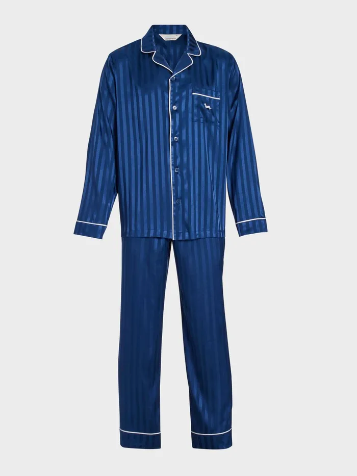Men Navy Self Stripe Long Sleeve Satin Set Navy Stripe Peter Alexander Satin