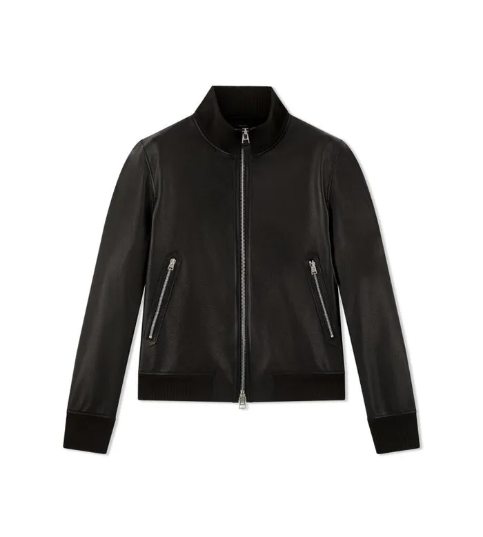 Men Outerwear Tom Ford Grain Leather Track Bomber Black