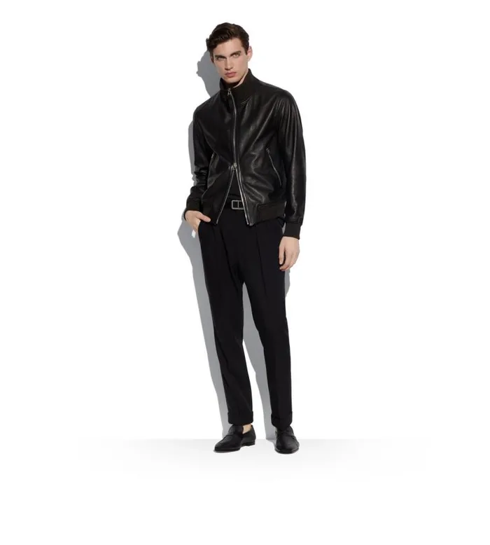 Men Outerwear Tom Ford Grain Leather Track Bomber Black