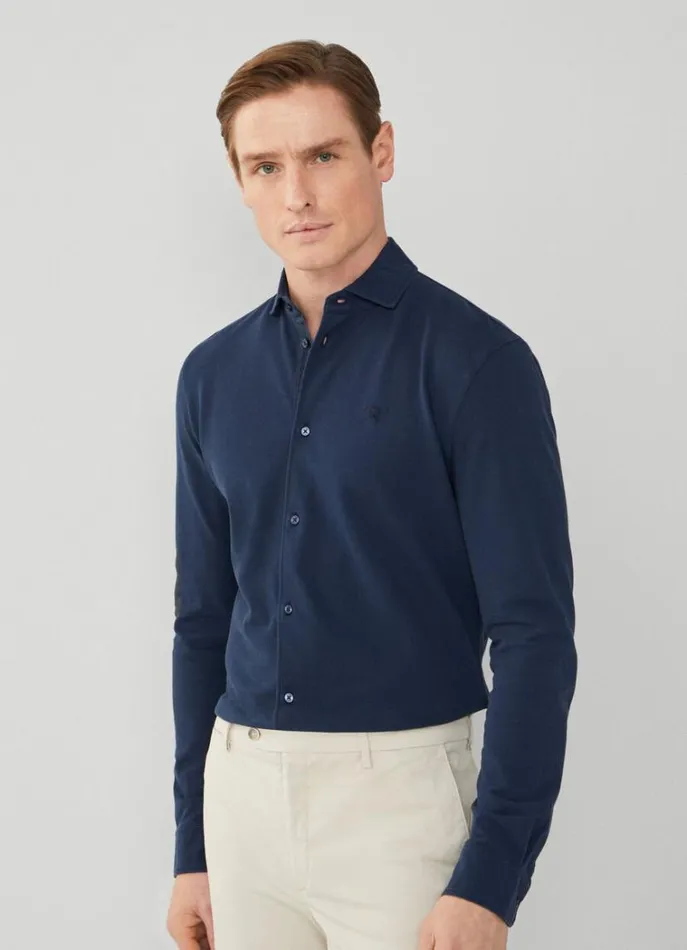 Men Polo Shirts Hackett London Slim Fit Stretch Piqu Shirt Navy