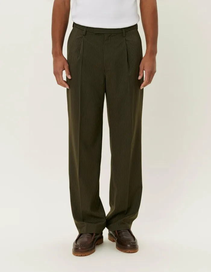 Men Reece Pleated Pinstripe Suit Pants 8211 Forest GreenLight Grey Les Deux Pants