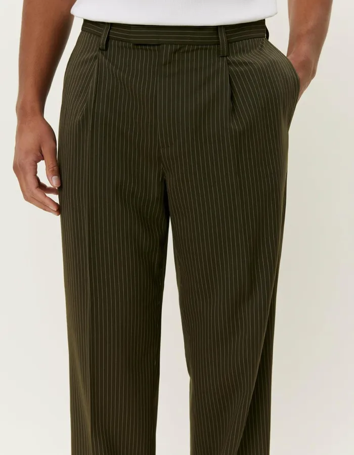 Men Reece Pleated Pinstripe Suit Pants 8211 Forest GreenLight Grey Les Deux Pants