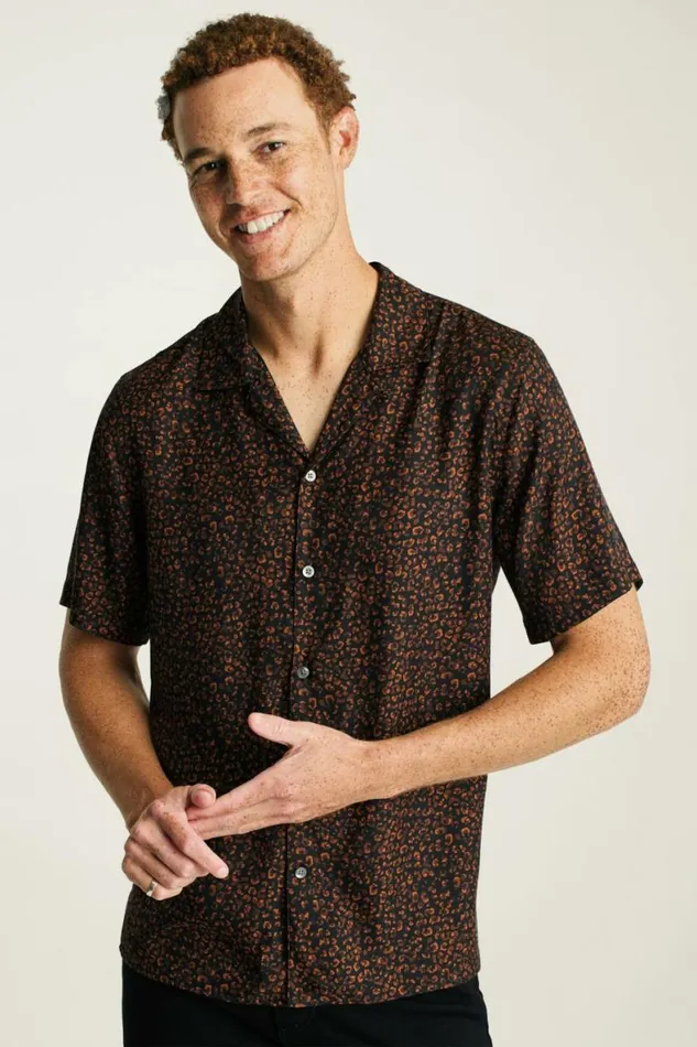 Men Riviera Silk Blend Cabana Shirt Black Red Spots Bonobos Short Sleeve Shirts