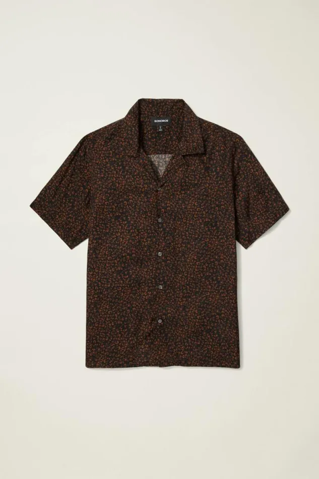 Men Riviera Silk Blend Cabana Shirt Black Red Spots Bonobos Short Sleeve Shirts