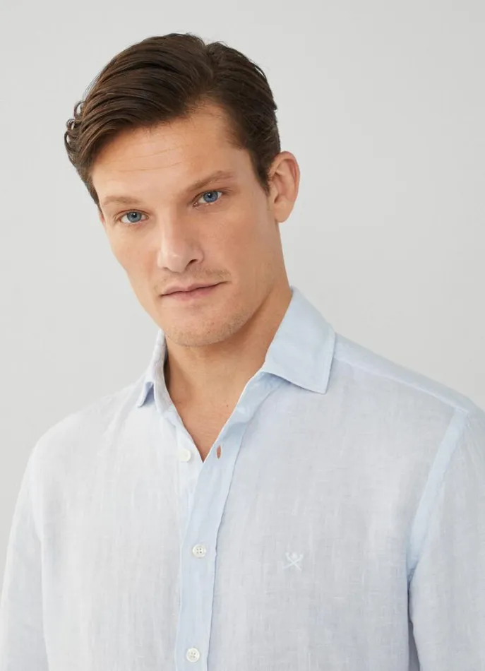 Men Shirts Hackett London Slim Fit Linen Shirt Sky Blue