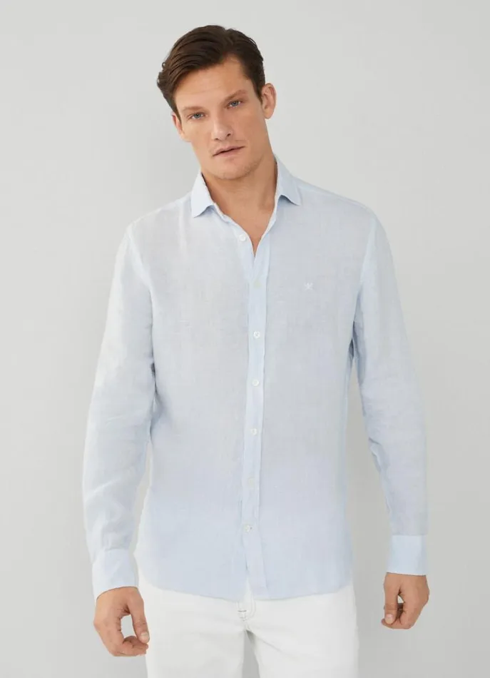 Men Shirts Hackett London Slim Fit Linen Shirt Sky Blue