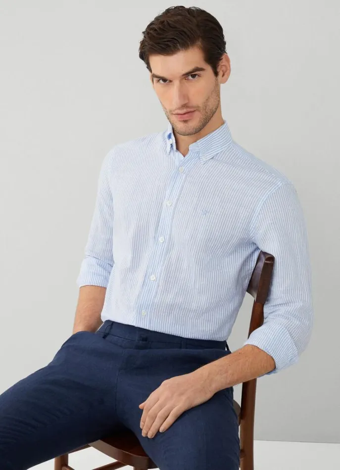 Men Shirts Hackett London Slim Fit Striped Shirt Chambray Blue