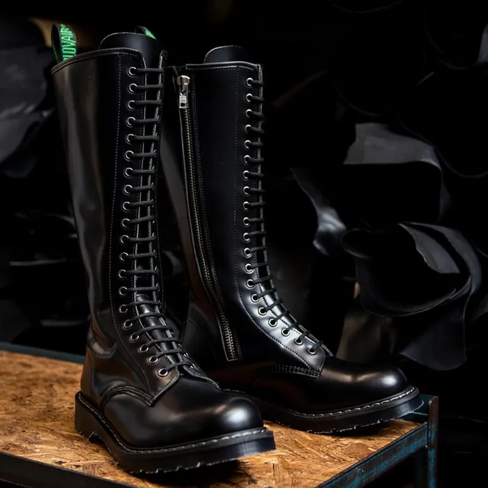 Men Solovair Zip Boots Black HiShine 20 Eye Zip Derby Boot