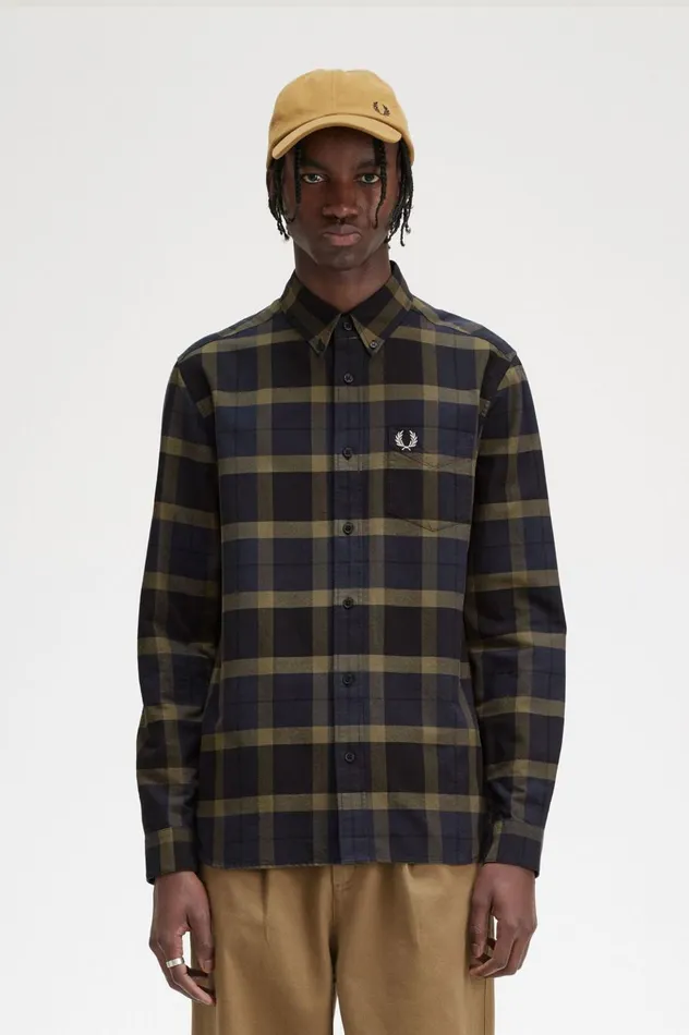 Men Tartan Shirt Uniform Green Fred Perry Shirts