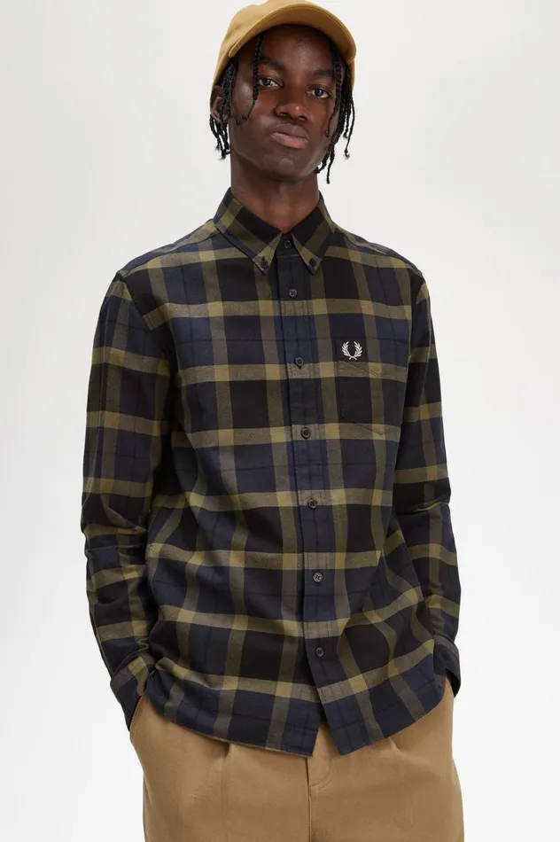 Men Tartan Shirt Uniform Green Fred Perry Shirts